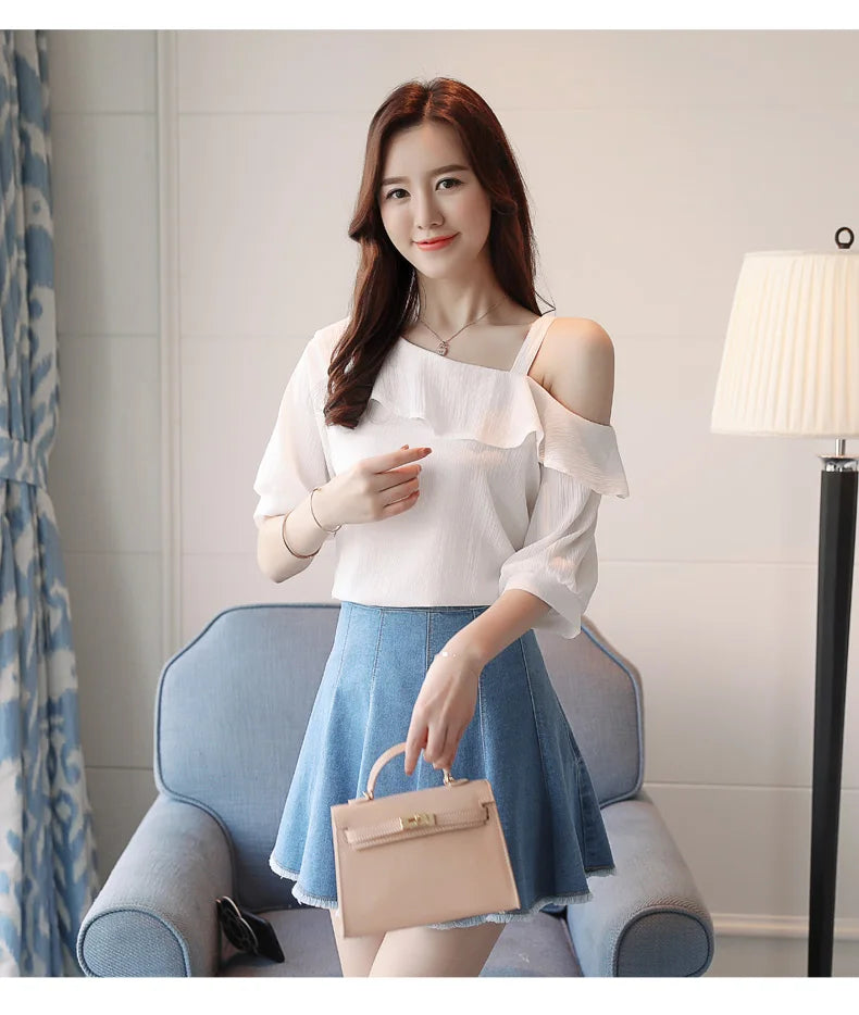 Women's Shirt Tops One-Shoulder Ruffles Short-sleeved Chiffon Blouse