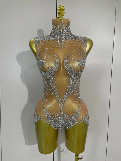 Sexy Stage Sparkly Rhinestone Mesh See Through Crystal Bodysuits Women Luxury Birthday Dancer Nightclub Bar Performance Outfit