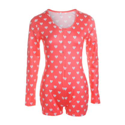 Combhasaki Women's Y2K Long Sleeve All-over Print Slim Sleepwear Jumpsuit Half Button O-neck Loungewear Bodysuit Shorts Romper