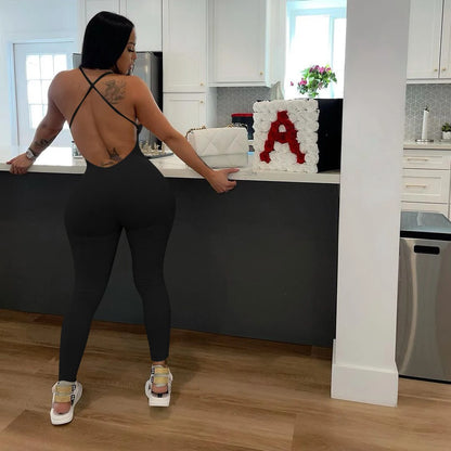 Women's solid color ribbed camisole back jumpsuit casual yoga jumpsuit