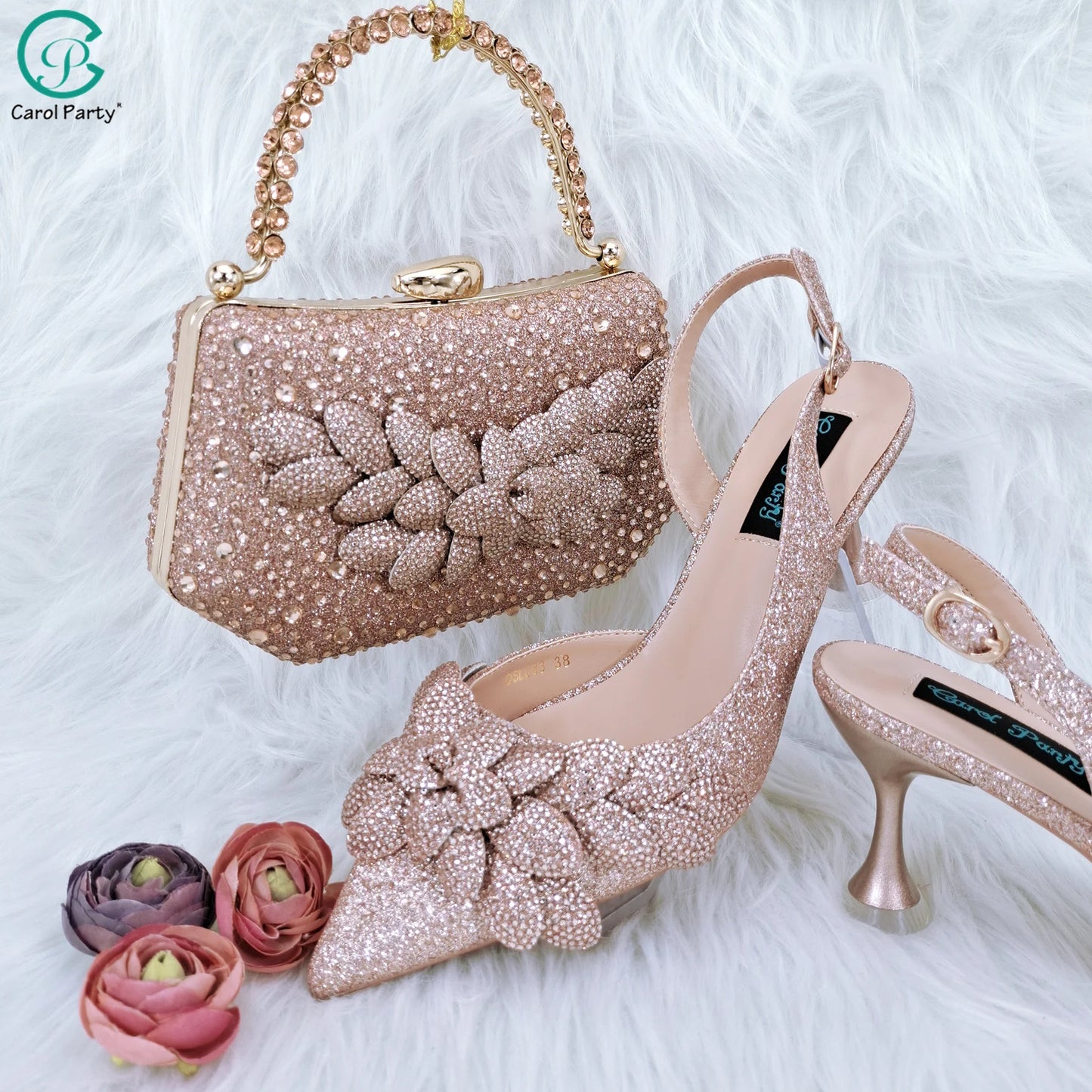 Nigerian Banquet Shoes and Bags African Fashion Peach Ladies Matching Shoes and Bags Pointed Toe High Heels Wedding Party