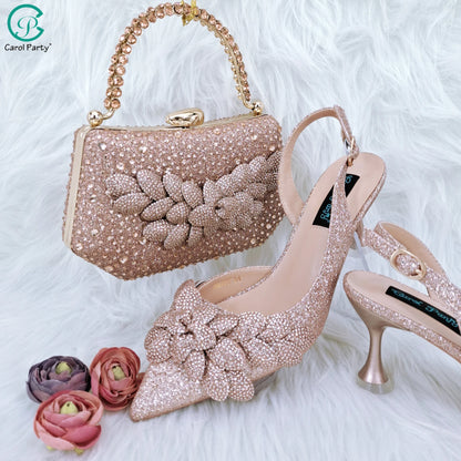 Nigerian Banquet Shoes and Bags African Fashion Peach Ladies Matching Shoes and Bags Pointed Toe High Heels Wedding Party
