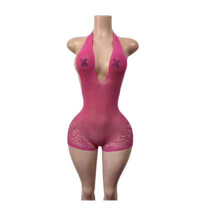 Sexy Halter V-neck Lace Romper for Woman Jumpsuit Short Rave Festival Clothing Sleeveless Backless Club Party Playsuit Body Suit