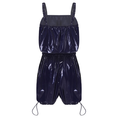 Womens Glossy Waterproof Diaper Cover Sling Bodysuit Waistband Drawstring Legs One-piece Cami Rompers Adaptive Short Jumpsuit