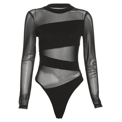 Spring Summer New Fashion Cut Cross Hollow Mesh Jumpsuit Long-Sleeved Thin O Neck Diagonal Black Charming Bodysuit Clubwear