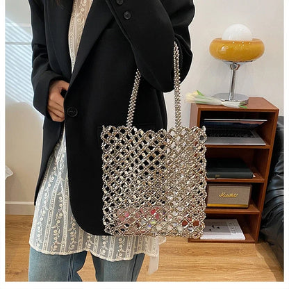 2026 Fashion Exquisite Bead Sense of Luxury Hollow Out Women‘s Handbags Hot Sale New No Zipper Acrylic Square Shoulder Bags