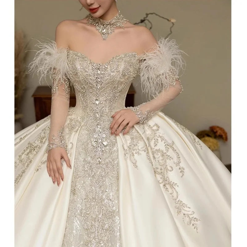 Customized Vestido De Noiva Strapless Sleeveless Wedding Dresses 2025 For Women Beads Sewn Ivory Lace Bride Boho Bridal Gown 096