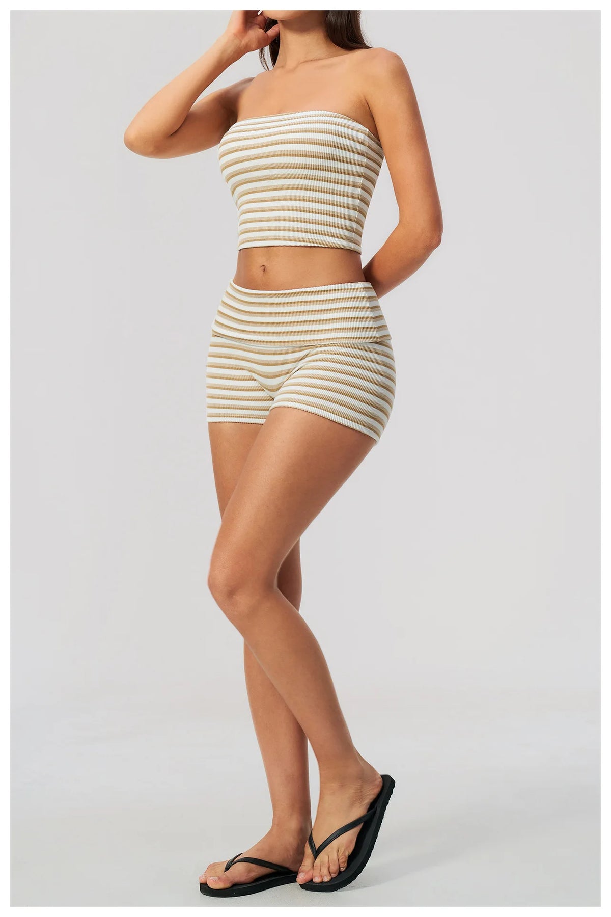 Women 2/3pcs Yoga Set Gym Clothing Fitness Suit Workout Tracksuit Outfits Ribbed Striped Strapless Tube Top Zipper Long Sleeve