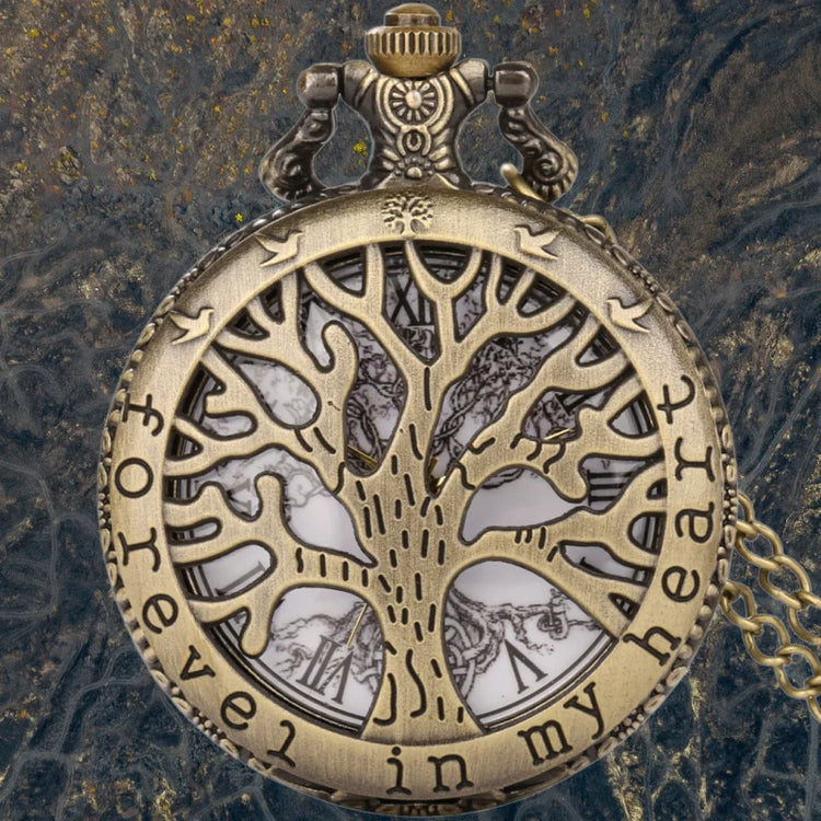 Vintage Bronze Steampunk Hollow World Tree Carving Quartz Pocket Watch Necklace Clock Men's and Women's Gifts