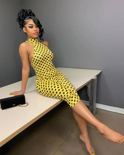 European and American New Style Women's Clothing Spring and Summer Polka Dot Print Elastic Halter Neck Backless Slim Fit Jumpsuit Women's Jumpsuit