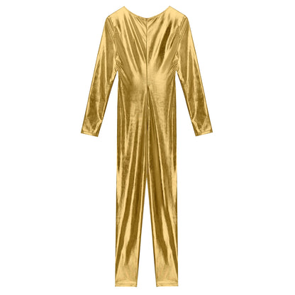Womens Metallic Shiny Bodysuit Clubwear Long Sleeve Slim Fit Full Body Jumpsuit Nightclub Rave Party Musci Festival Costumes