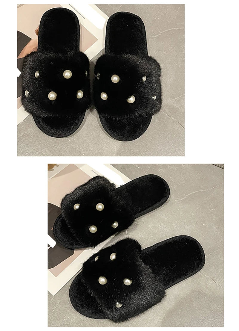 Perle Fluffy Slippers Home Winter Casual Designer Shoes Women 2025 New Luxury Indoor Plush Slides Girls Fashion Elegant Footwear