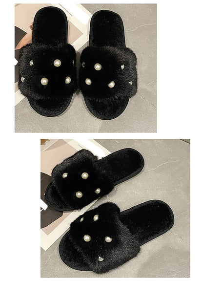 Perle Fluffy Slippers Home Winter Casual Designer Shoes Women 2025 New Luxury Indoor Plush Slides Girls Fashion Elegant Footwear