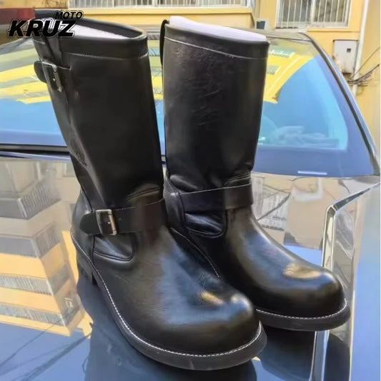 Hot Retro Men's Genuine Leather British Long Chelsae Boots Knee High Buckle Strap Riding Botas Moto Thick Heel Engineer Boots