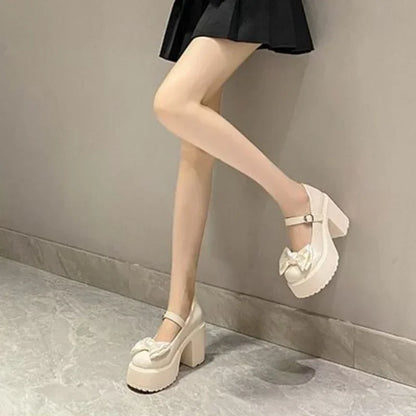 Summer/Autumn Fashion New Solid Color Bow Banquet Elegant Thick-soled Buckle Round-toe Wear-resistant Women's High Heels
