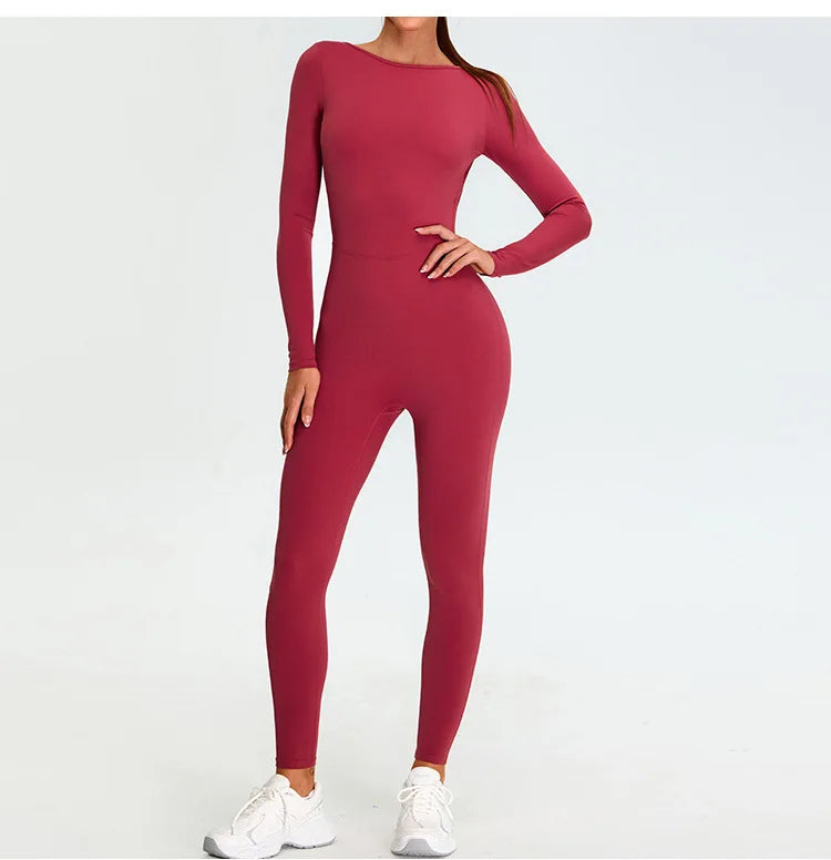 New Summer Sexy V Back Gym Sports Jumpsuit Yoga Clothes Rompers Women Long Sleeveles Workout Bodysuits Backless One-piece Suit