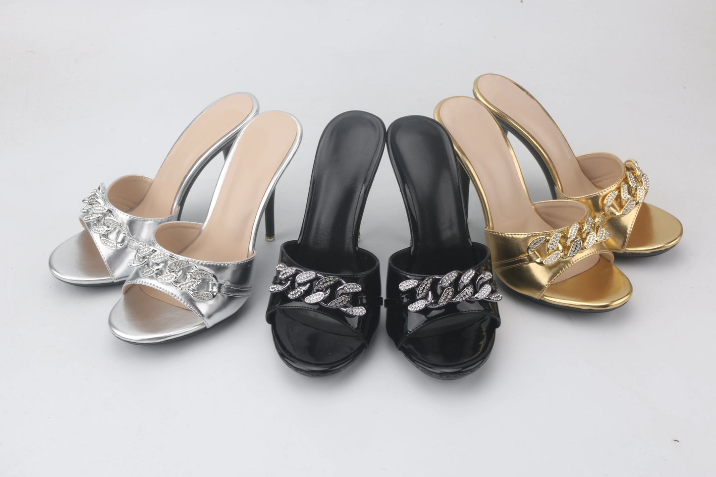Female Summer High Heels Sexy Open Toes Slippers Luxury Rhinestone Party Dress Shoes Black Slides Sandals Women Mules Plus Size