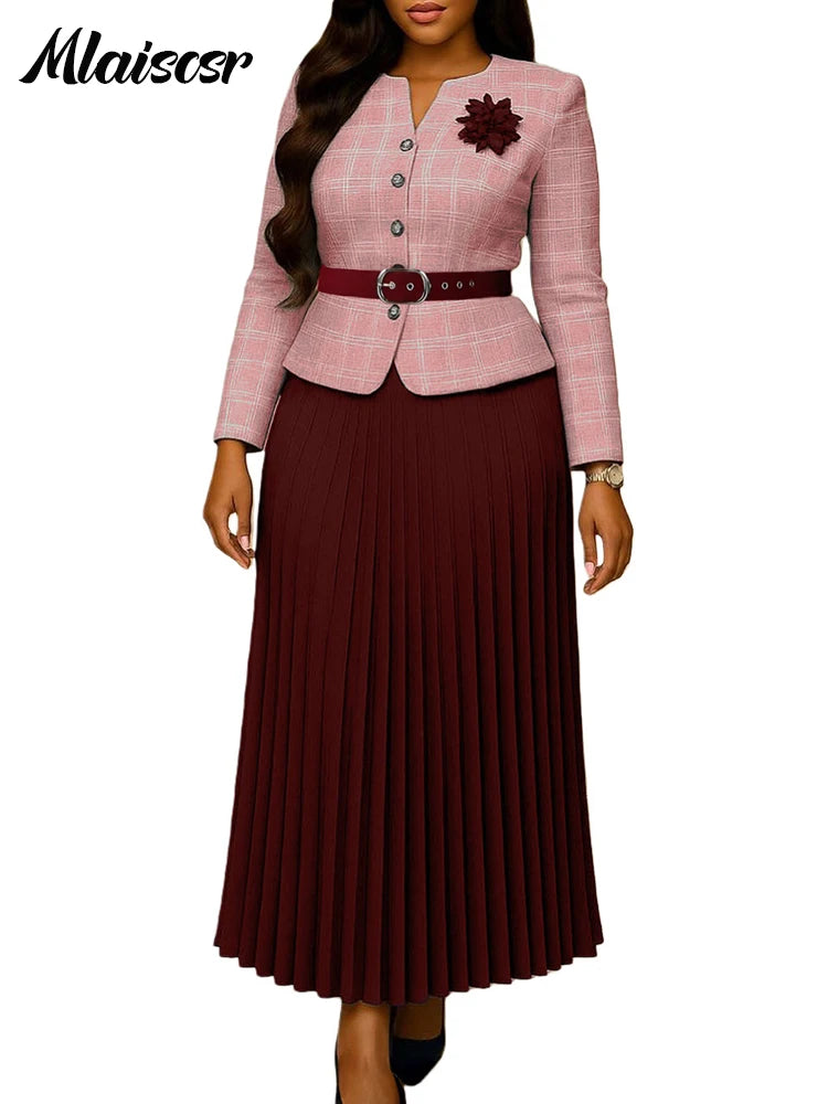 Mlaiscsr Fashion Plaid Blazer Suits for Woman Button 3D Floral Brooch Belt and Pleated Skirt 2 Piece Set Female Office Outfits