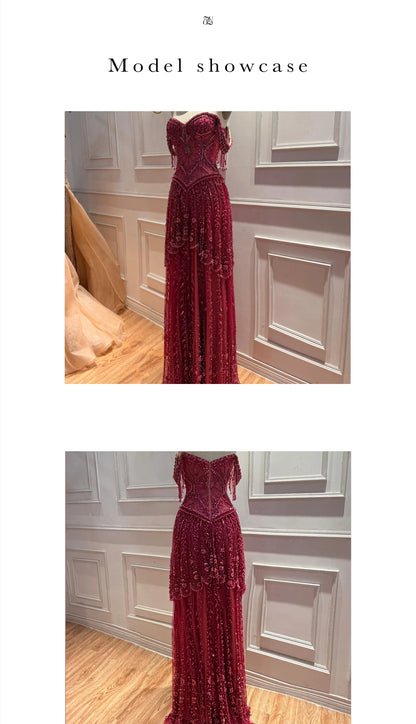 Red Off-the-Shoulder Strapless Sleeveless Floor-Length Formal Ball Gown Beadwork Embroidery Glowing Women's  Occasion Dress