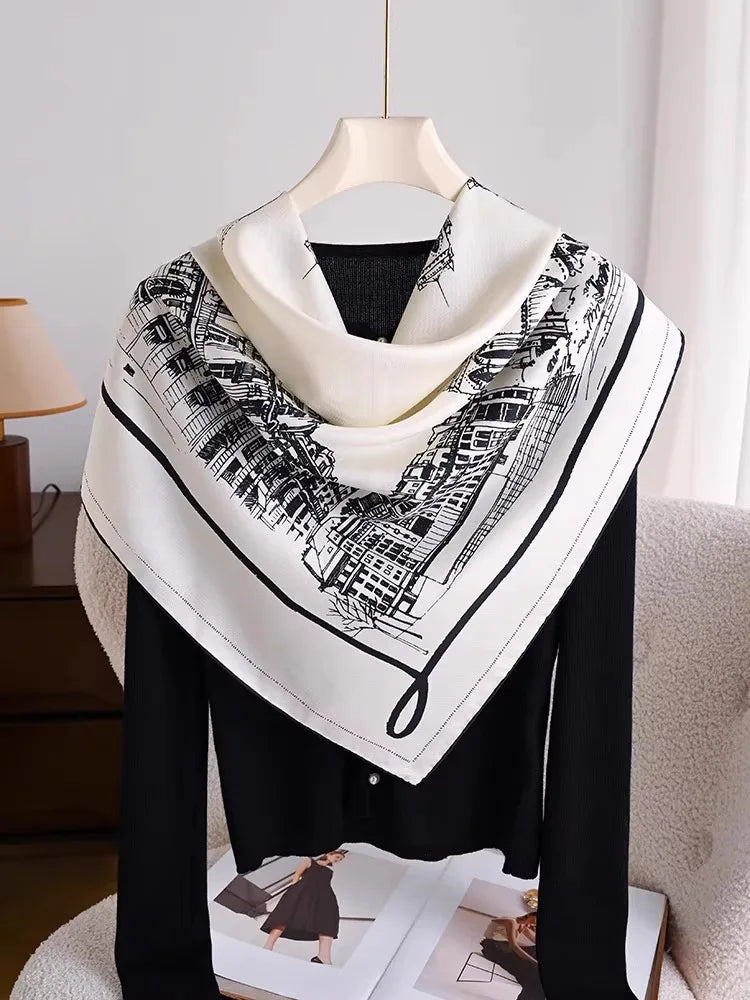 Black White View Print Twill Silk Scarf 90x90cm Women Fashion Square Neck Scarf Satin Kerchief Head Wrap Bandana Bag Decoration