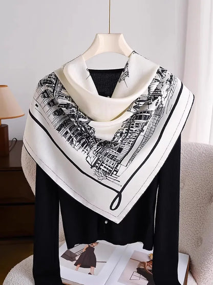 Black White View Print Twill Silk Scarf 90x90cm Women Fashion Square Neck Scarf Satin Kerchief Head Wrap Bandana Bag Decoration
