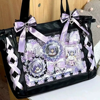 New Japanese Cute Sweet Ribbon Ita Bag Lolita Girls Transparent Handbags Fashion Large Capacity Tote Bag Aesthetic Shoulder Bags