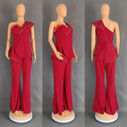 Women Jumpsuit One Shoulder Feather Diamond Peplum Party Fashion Female One Piece African Event Occasion Rompers New Summer 2024