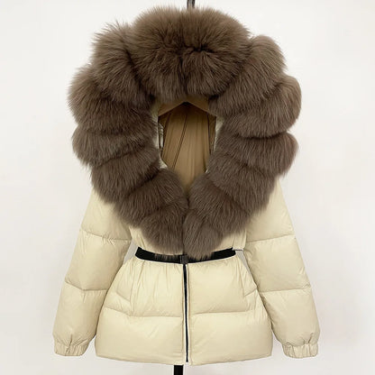 Hot Sale Women Luxury Black Down Jacket Waist‑Cinched Design High‑End Elegant Real Big Fox Fur Hooded Collar Winter Outerwear