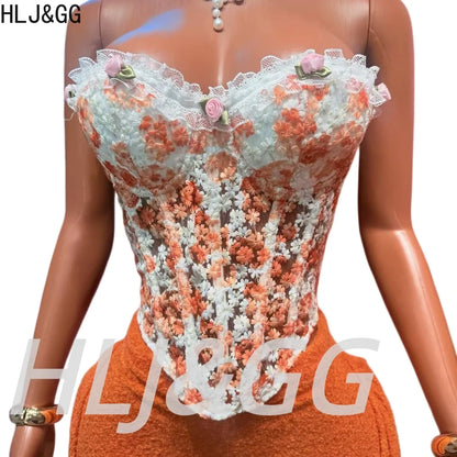 HLJ&GG Sweet Lace Flower Embroidery Corset Two Piece Sets Women Off Shoulder Bandage Slim Top And Tassel Mini Skirts Streetwear