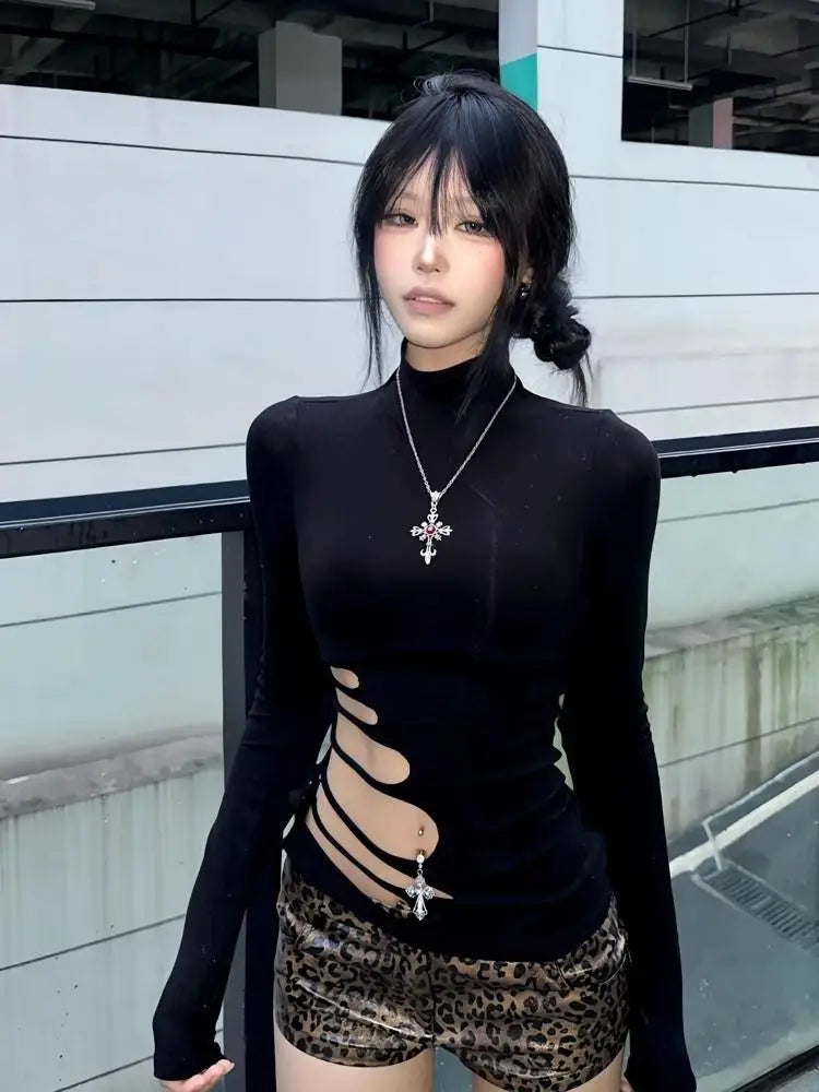 Erwofeina Hotsweet T-shirt Hollow Out Slim Long Sleeve 2000s Clothes Y2k Korean Fashion Woman Clothing Turtleneck Chic  Tops