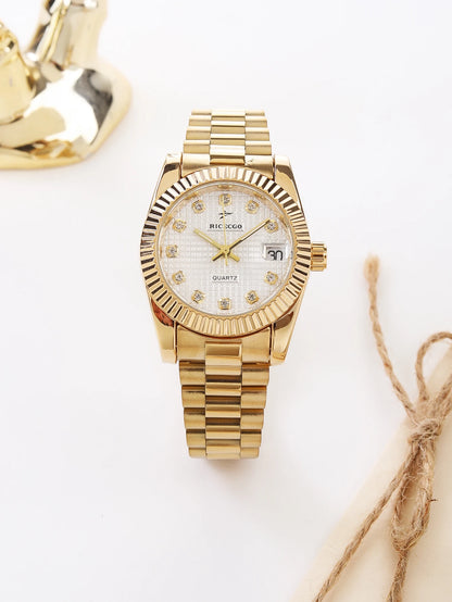 Business Diamond Inlaid Quartz Watch with Calendar Display, Metal Strap, Three-Dimensional Texture Dial, Wear-Resistant Design