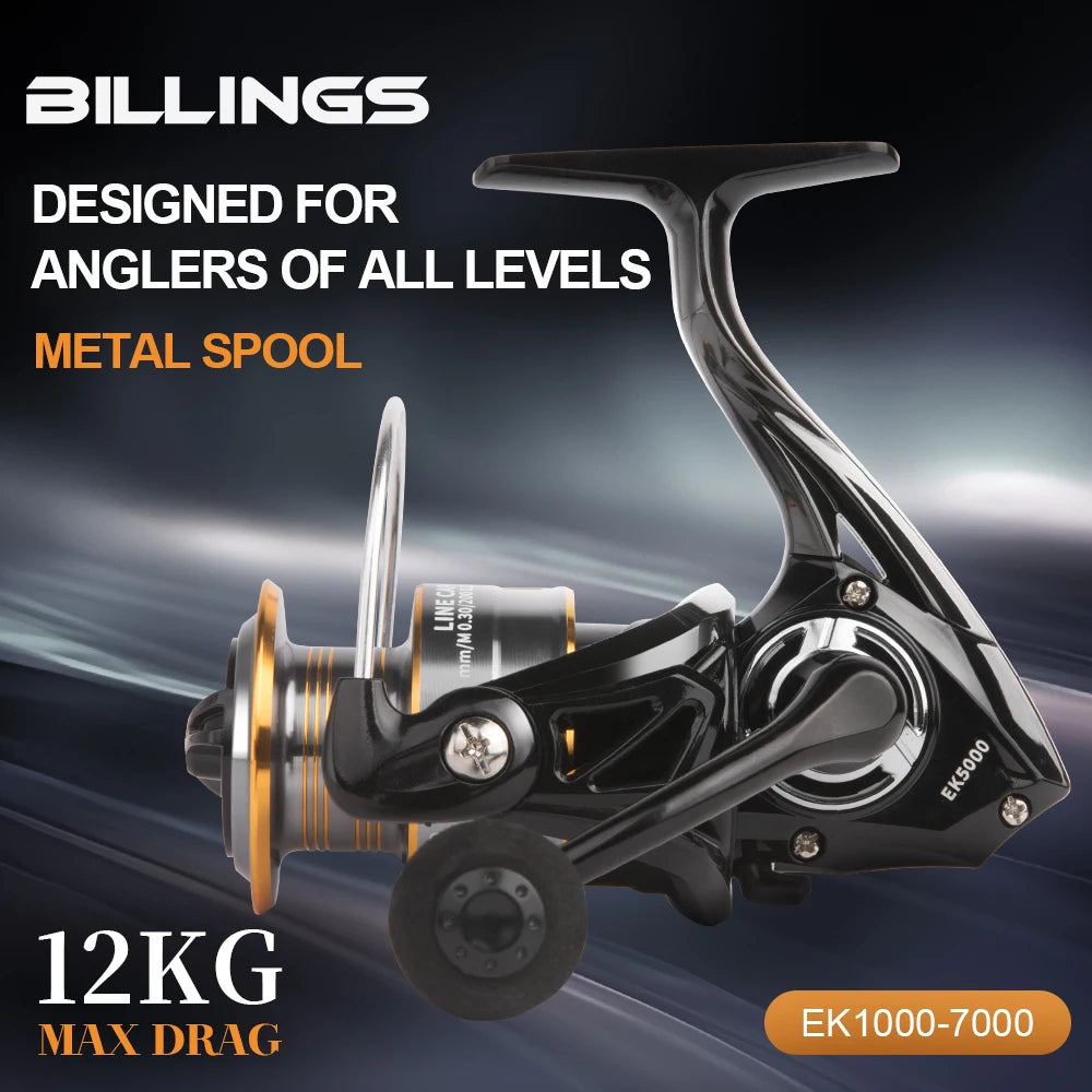 BILLINGS Spinning Reel 12KG Max Drag 5.2:1 Gear Ratio Metal Spool Durable Professional Fishing Reels, Multipurpose for Freshwater Saltwater Bass Trout Salmon Fishing
