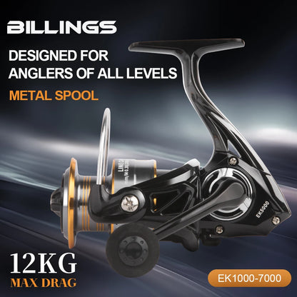 BILLINGS Spinning Reel 12KG Max Drag 5.2:1 Gear Ratio Metal Spool Durable Professional Fishing Reels, Multipurpose for Freshwater Saltwater Bass Trout Salmon Fishing