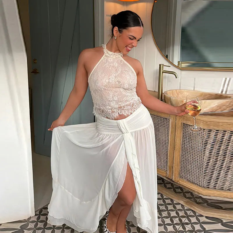 Boho 2 Piece Set Halter Sheer Floral Lace Crop Top Ruched Waist Self Tie High Slit Ruffle 2026 Summer Beach Vacation Women Wear
