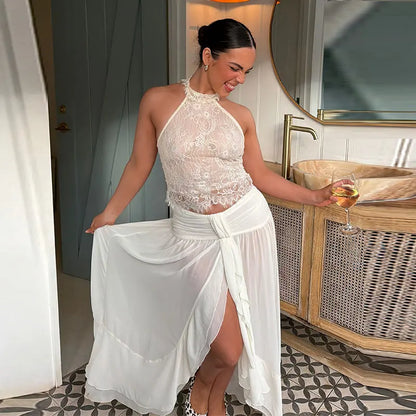 Boho 2 Piece Set Halter Sheer Floral Lace Crop Top Ruched Waist Self Tie High Slit Ruffle 2026 Summer Beach Vacation Women Wear