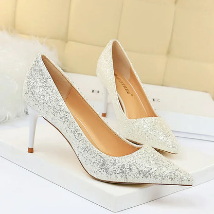 Women Luxury Bling Red  Blue Valentine Party Scarpins Pumps Lady Glitter Sequins 7cm 9.5cm High Heels Designer Shoes Plus Size