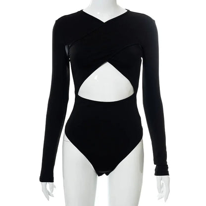 Summer New Women's Jumpsuit Solid Color Cross Hollow Long Sleeve Revealed Waist Slimming Smooths Your Silhouette