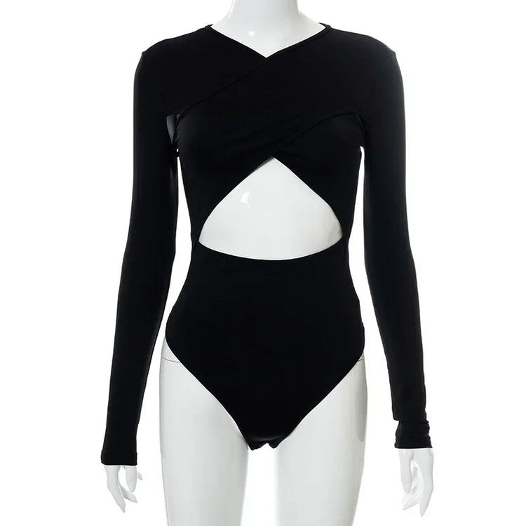 Summer New Women's Jumpsuit Solid Color Cross Hollow Long Sleeve Revealed Waist Slimming Smooths Your Silhouette