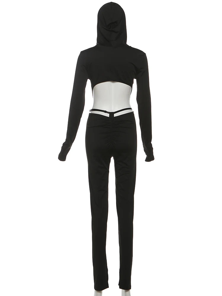 Nibber Backless Hooded Jumpsuits Women Long Sleeve Peach Buttock Slit Solid Skinny Elasticity Autumn Trend Sexy Street Outfits