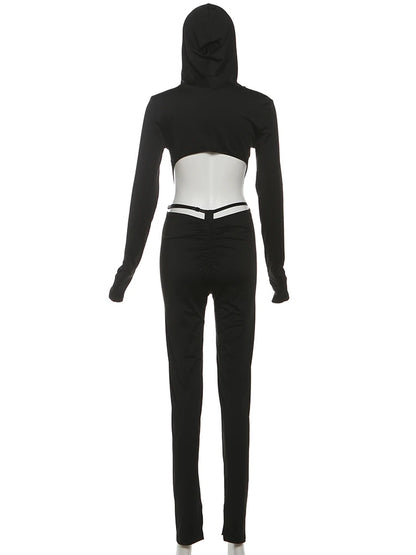 Nibber Backless Hooded Jumpsuits Women Long Sleeve Peach Buttock Slit Solid Skinny Elasticity Autumn Trend Sexy Street Outfits
