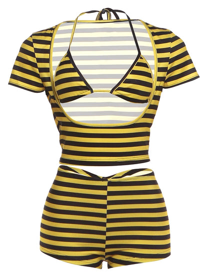 Nibber Bikini Suit Woman Stripe Patchwork Lace-Up Halter Bra Tops+Low-Neck Short Sleeve T-Shirt+Mini Shorts Sexy 3 Piece Set