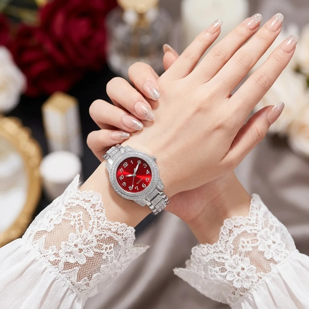 4Pcs/Set Unisex Jewelry Watches Women's Wristwatch Accessories Silver Red Trendy Fashionable Elegant Classic Exquisite Light Luxury Rhinestone Luxury Bracelet Watch Set Y2K Suitable for Daily Outfits Perfect Holiday Gift