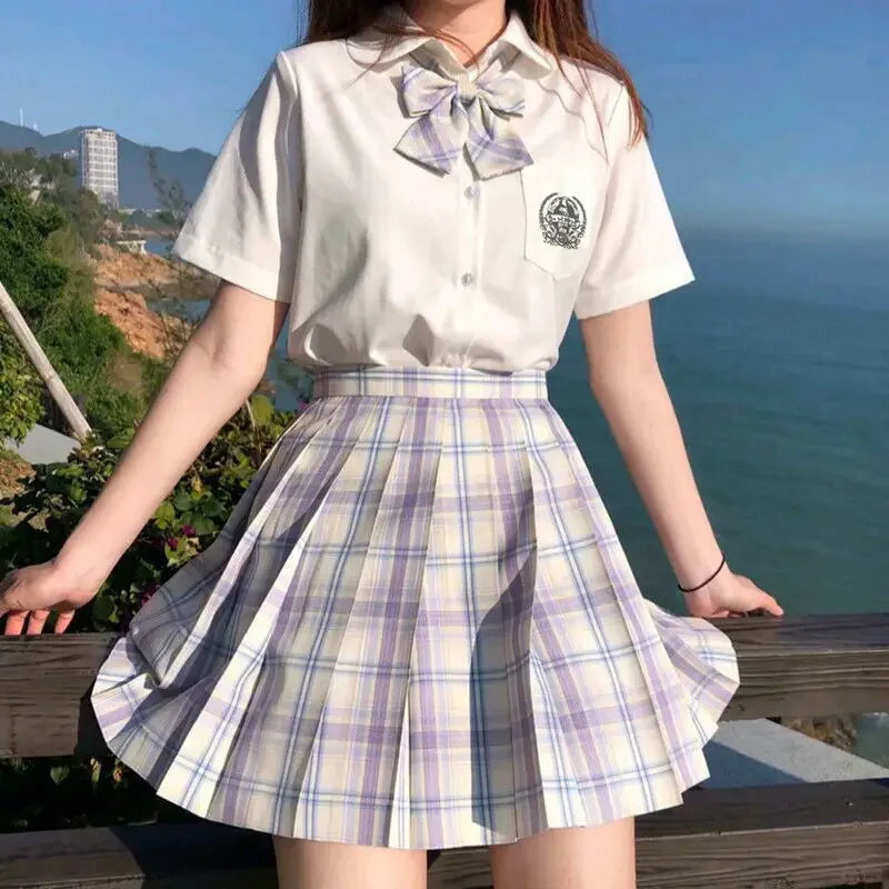 Romantic Purple Uniform JK Set Women 2025 Summer High Waist Skirts Korean Style Pleated Skirts Shirt And Tie For Cute Girls Suit
