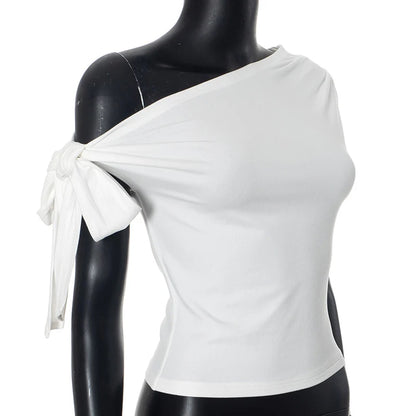 2025 Women'S Summer Ins Style New Shrink Pleated One-Shoulder Crop Top Backless Twist Tie Asymmetric T-Shirt Casual Top
