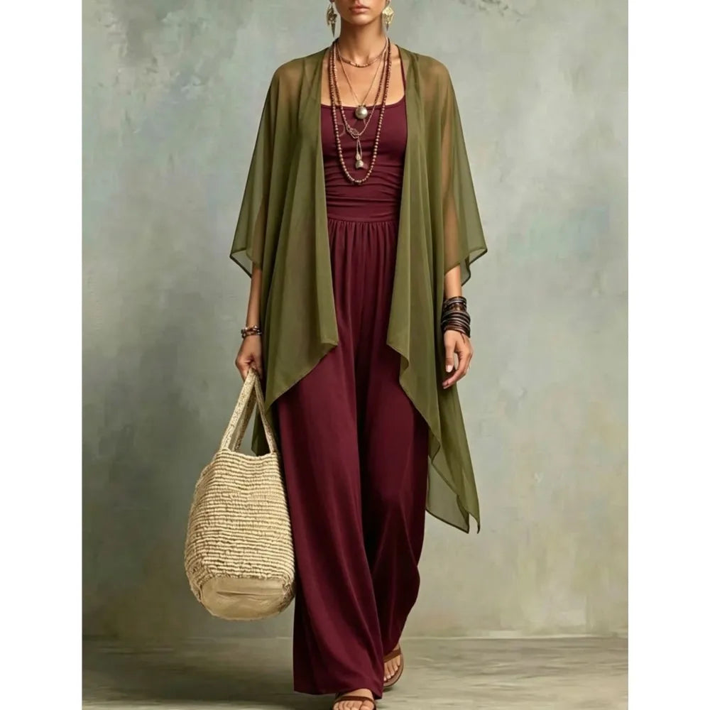 Summer New Sexy Bandeau One Piece Pants Set For Women's 2 Piece Casual Loose Fitting Wide-leg Pants Plus Shawl Tops Set Female