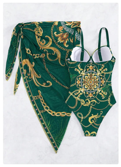 Underwire Women Sexy Swimsuit 2 Piece Swimwear Slim Monokini Chains Print Push Up Bikini Black Blue Green Beachwear Light Luxury