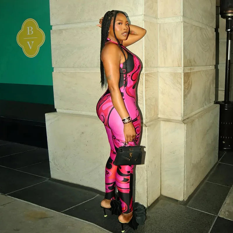 FAGADOER Fashion Rose Red Print Bodycon Jumpsuits Sexy Color Patchwork Off Shoulder Zipper Rompers Streetwear Club Playsuits New