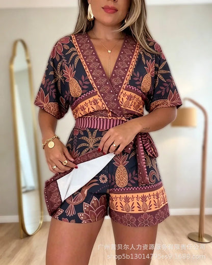 Rompers Women V Neck Half Sleeve One Piece Short Pant Tight Waist Lace Up Y2k Streetwear Jumpsuit Work Beach Casual Floral Print