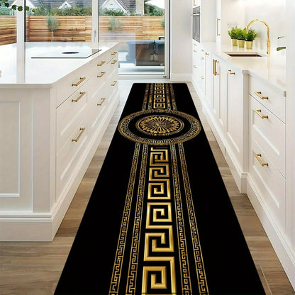 Luxury Black Gold Greek Key Print Runner Rug, Non-Slip Washable Durable Mat for Kitchen, Laundry Room, Entryway & Elegant Home