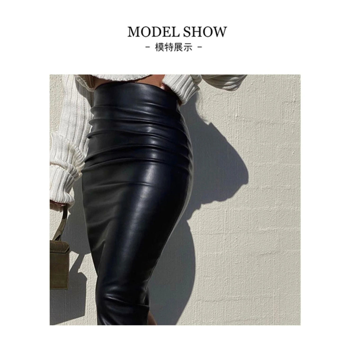 Lautaro-Women's Soft Stretchy PU Leather Ruched Pencil Skirt, High Waist Office Wear, Black, Luxury, Elegant, 2024